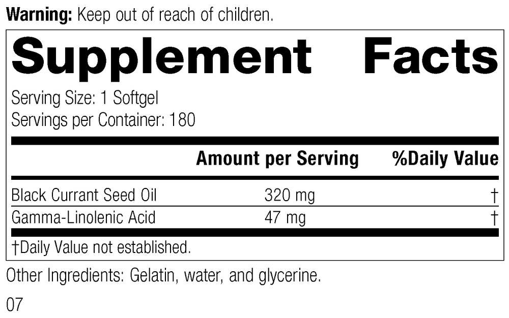 
                  
                    Black Currant Seed Oil, 180 Softgels, Rev 07, Supplement Facts
                  
                