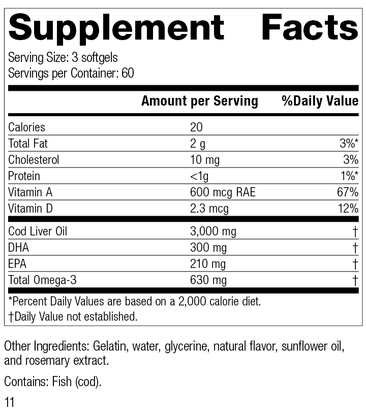 
                  
                    Cod Liver Oil, 180 Softgels, Rev 11 Supplement Facts
                  
                
