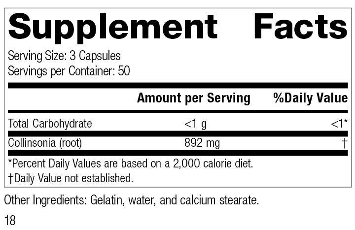 
                  
                    Collinsonia Root, 150 Capsules, Rev 18 Supplement Facts
                  
                