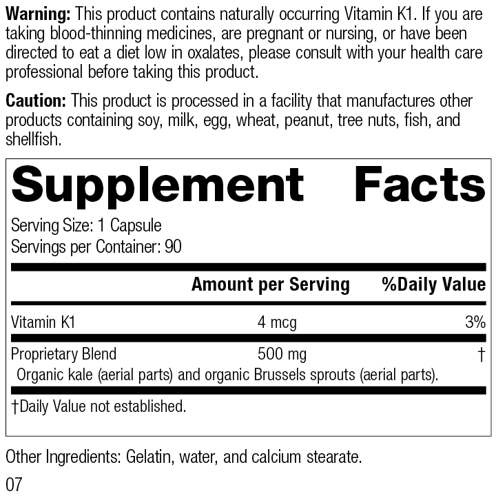 
                  
                    Cruciferous Complete™, 90 Capsules, Rev 07 Supplement Facts
                  
                