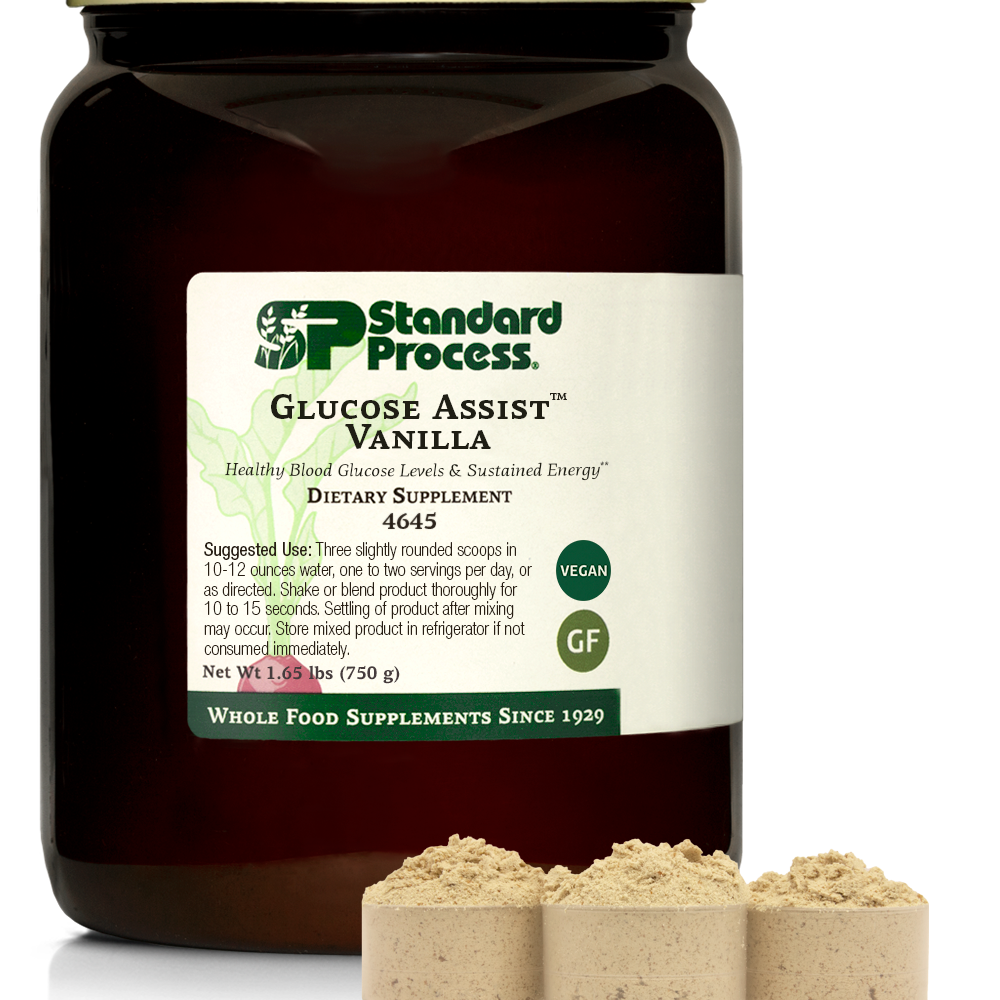 Glucose Assist Vanilla jug next to three scoops of powder