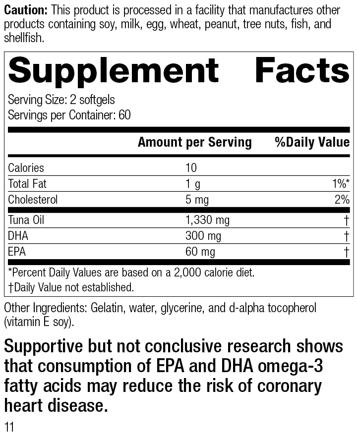 
                  
                    Tuna Omega-3 Oil, 120 Softgels, Rev 11 Supplement Facts
                  
                