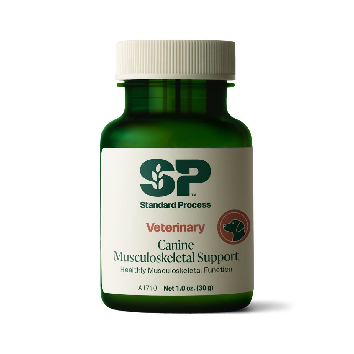 A bottle of Canine Musculoskeletal Support, a powder supplement for dogs’ muscles, ligaments and bone health, next to an image of the powder supplement.