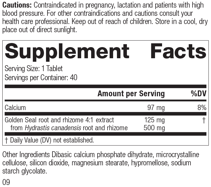 
                  
                    Golden Seal 500mg, 40 Tablets, Rev 07 Supplement Facts
                  
                