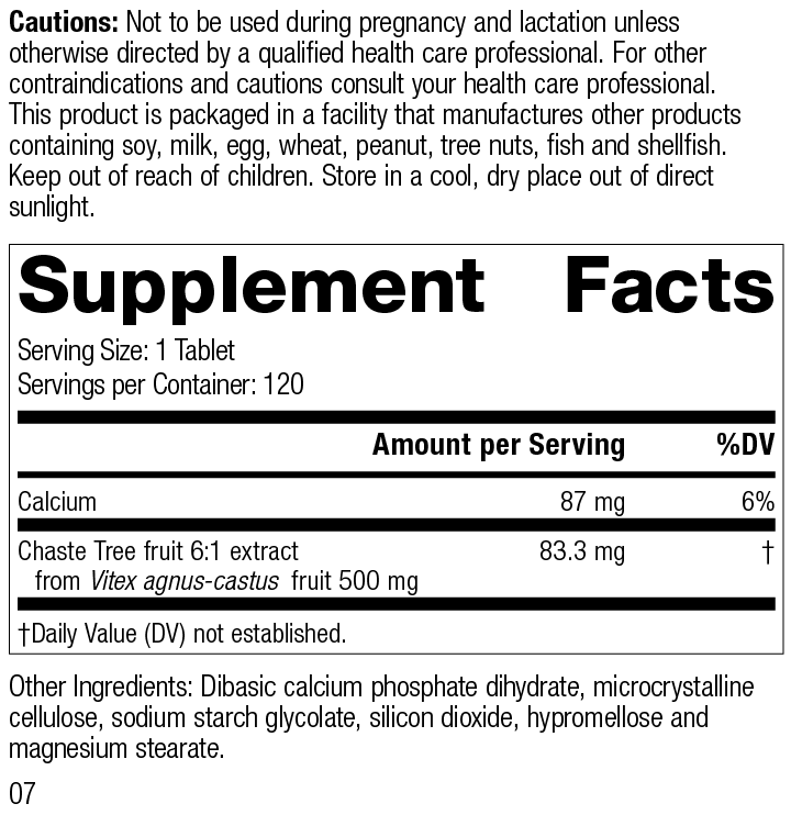 
                  
                    Chaste Tree, 120 Tablets, Rev 07 Supplement Facts
                  
                