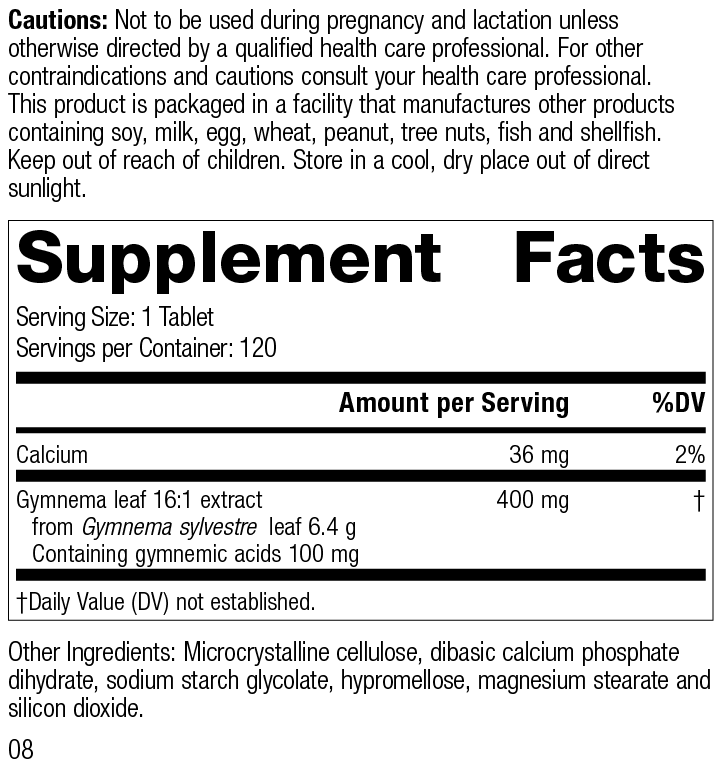 
                  
                    Gymnema, 120 Tablets, Rev 08 Supplement Facts
                  
                