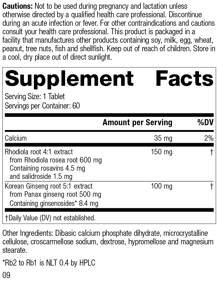 
                  
                    Rhodiola & Ginseng Complex, Rev 09 Supplement Facts
                  
                