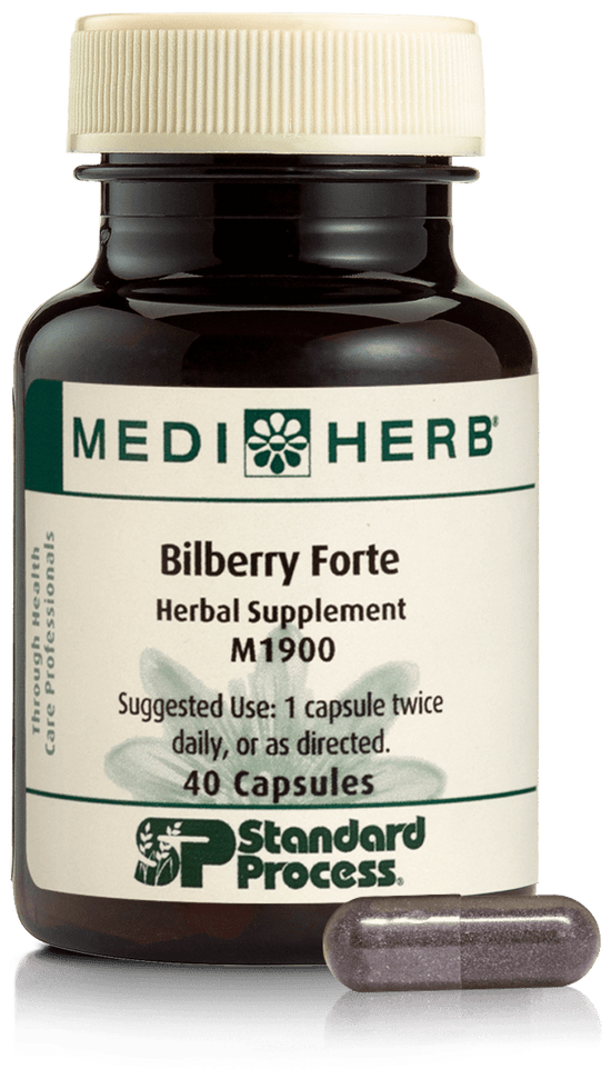 An image of herbal supplement Bilberry Forte next to a capsule.