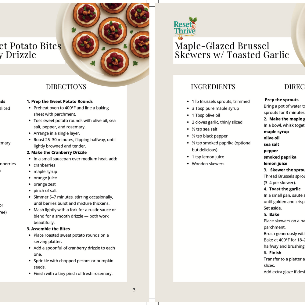 
                  
                    Two recipe cards for Rosemary Sweet Potato Bites with Cranberry Drizzle and Maple-Glazed Brussels Sprouts with Toasted Garlic.
                  
                
