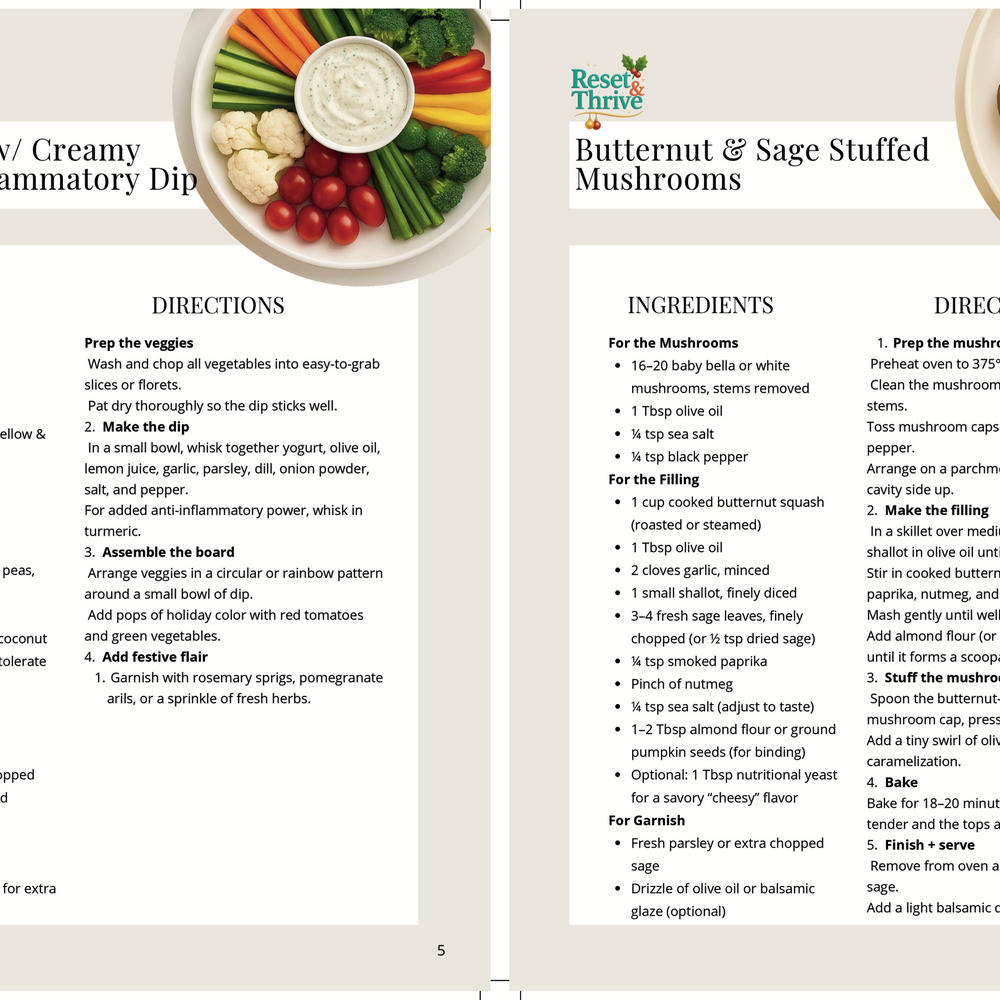 
                  
                    Two recipe cards for 'Veggie Board with Creamy Herb Anti-Inflammatory Dip' and 'Butternut & Sage Stuffed Mushrooms'.
                  
                