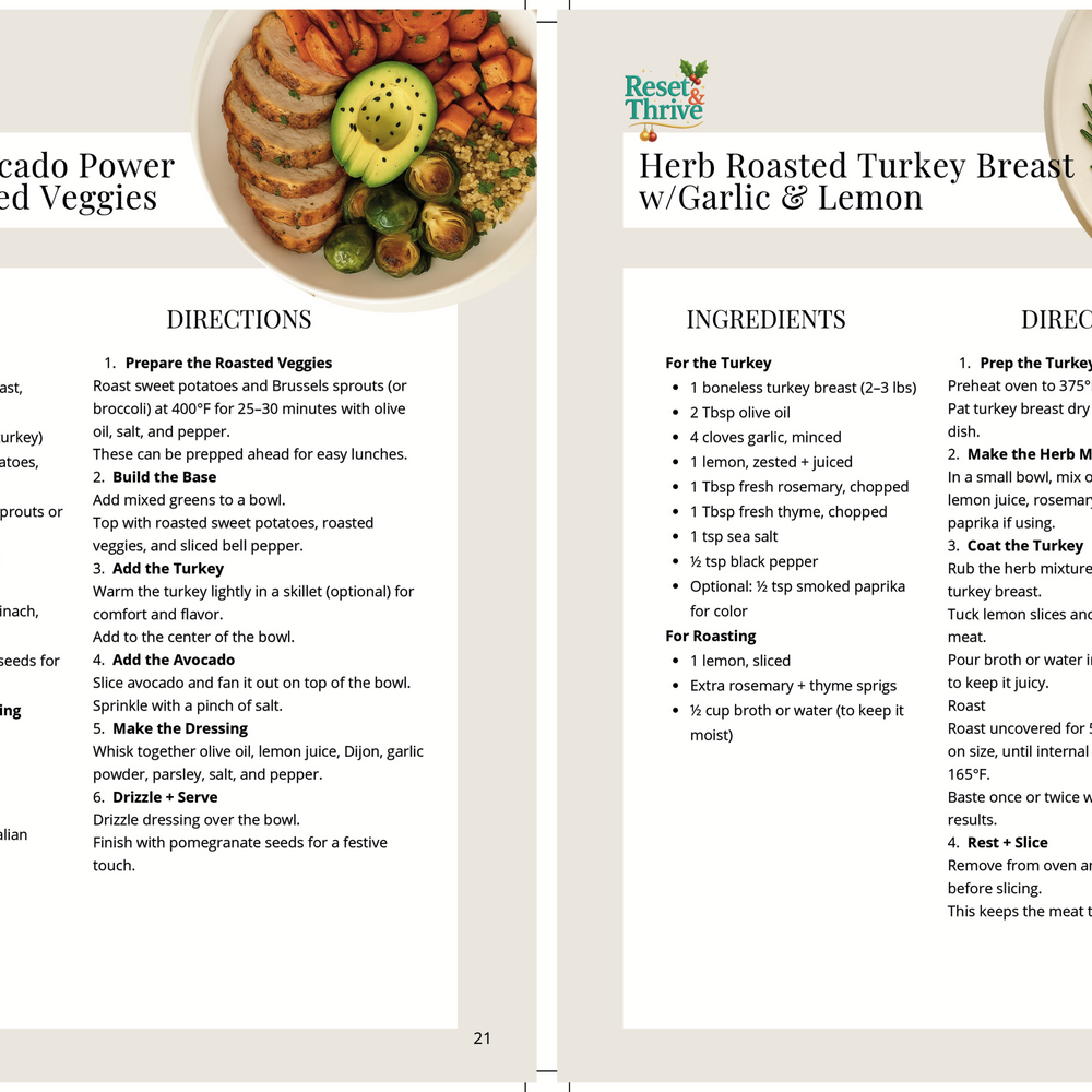 
                  
                    Two recipe cards for 'Turkey & Avocado Power Bowl w/Roasted Veggies' and 'Herb Roasted Turkey Breast w/Garlic & Lemon' from Beachbody.
                  
                