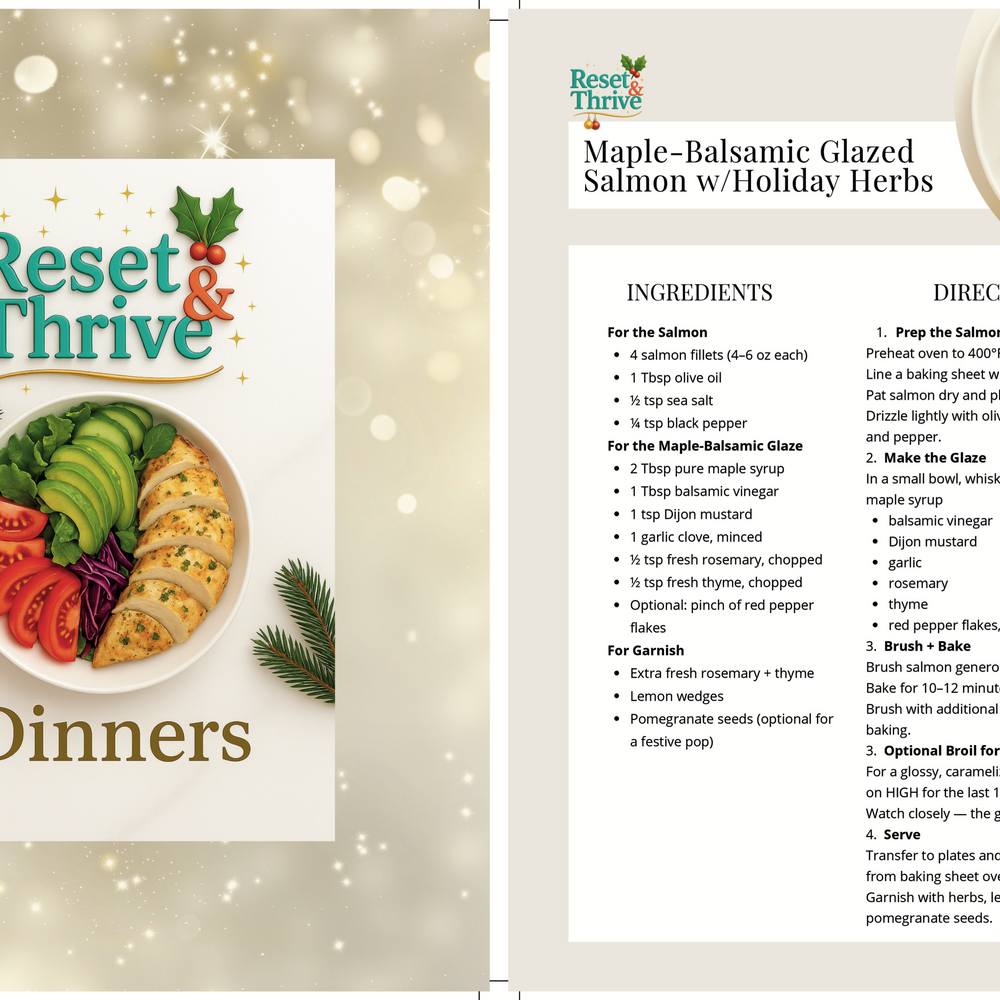 
                  
                    Recipe book page for 'Reset & Thrive' with a salmon dish and title on a decorative background.
                  
                